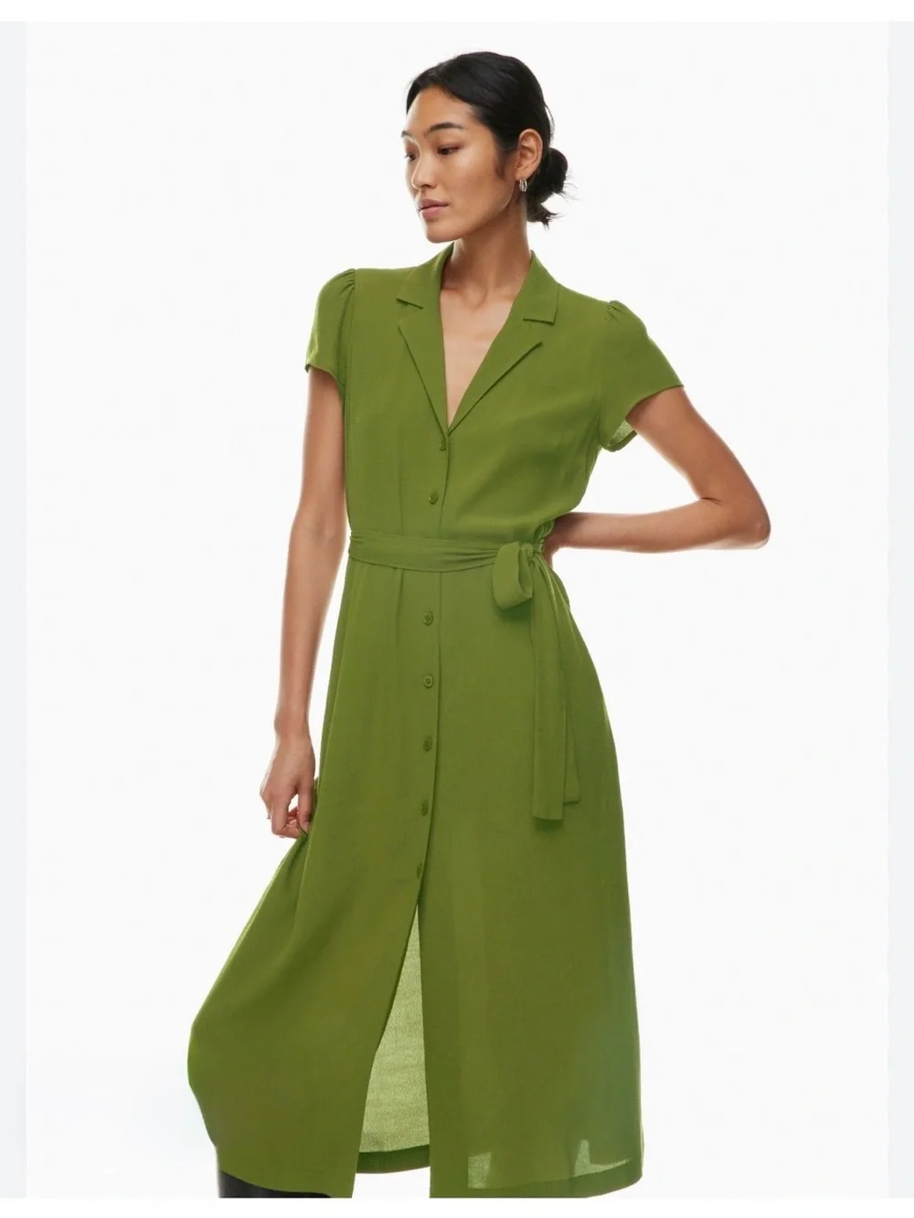 Montgomery Post size large  Olive Green Button-Front Midi Dress work profesional